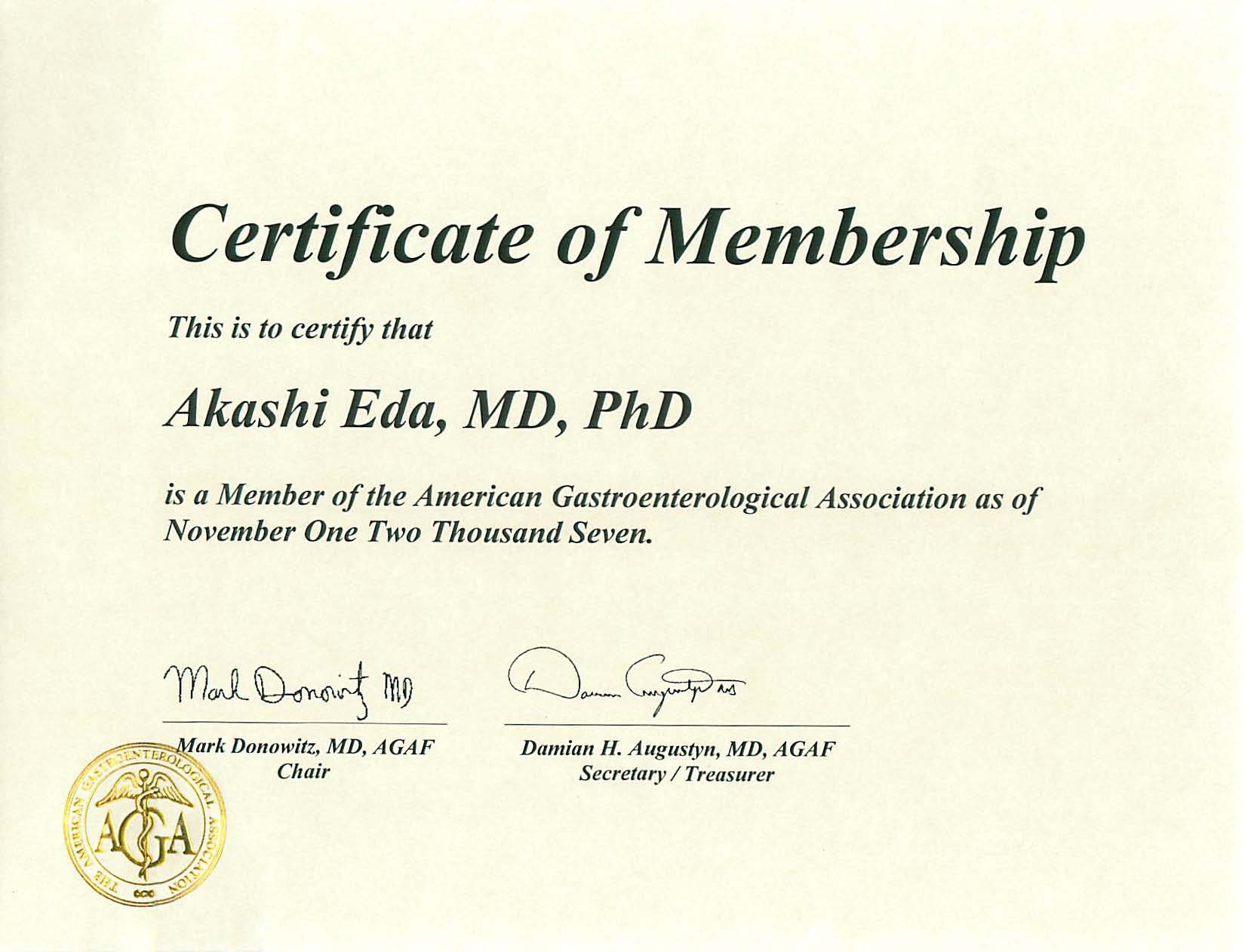 米国消化器病学会（AGA;American Gastroenterological Association）国際会員（　International Member）